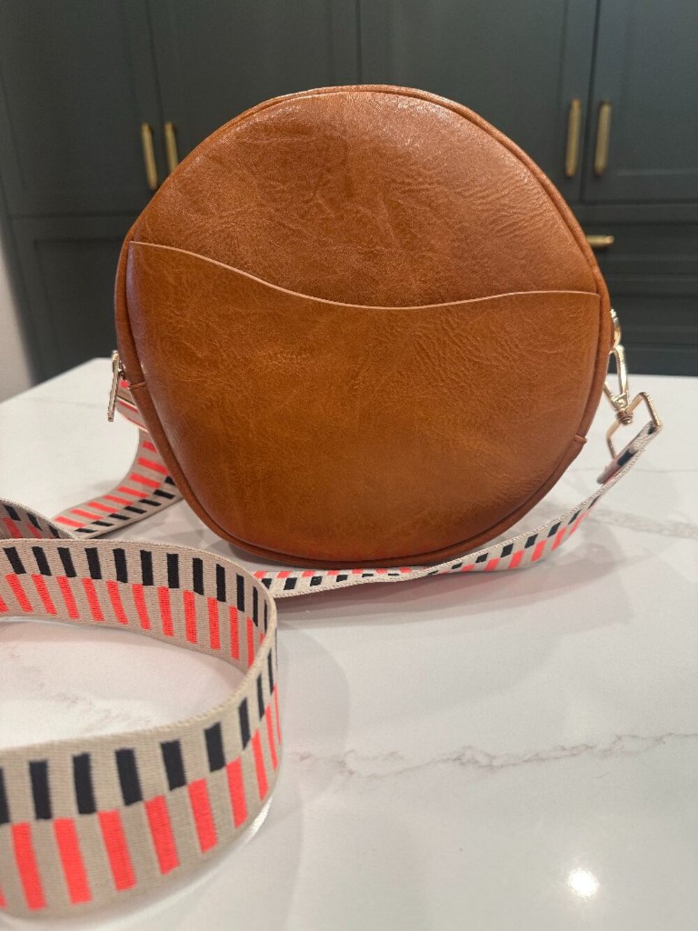 Ah-dorn Vegan Faux Leather Round Canteen Crossbody Purse with Colorful Strap